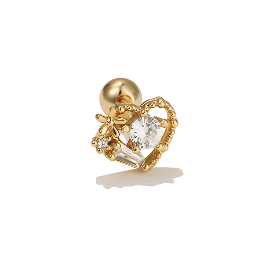 Gold-Plated Heart-Shaped Floral CZ Piercing Stud