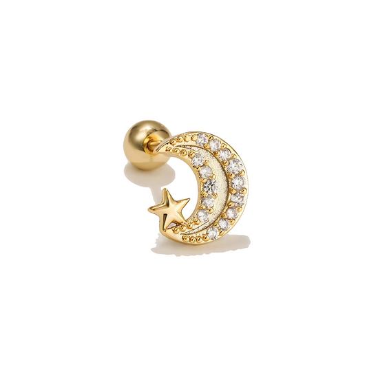 Gold-Plated Moon & Star CZ Piercing Stud