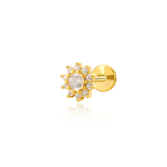 Orecchino a bottone con diamante e girasole a fondo piatto (18G)