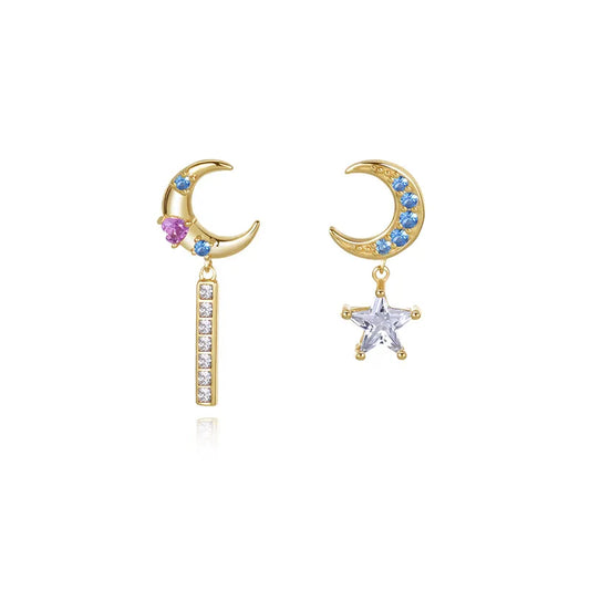 Asymmetrical Crescent Moon & CZ Star Drop Earrings