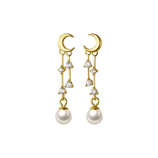 Crescent Moon Pearl Drop Earrings